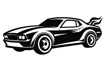 Black and White Vector Illustration of a Classic Muscle Car with Flames