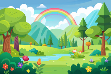 Vibrant rainbow landscape, nature scene, springtime