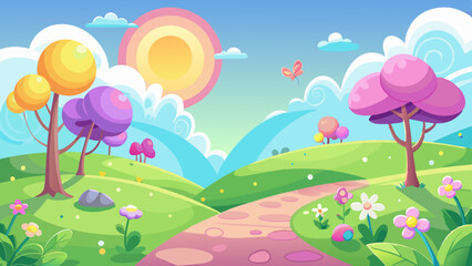 Enchanting cartoon landscape, colorful hills, path, trees