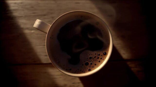 A steaming cup of coffee rests on a wooden table, absorbing soft morning light. The billows of steam create a warm and inviting atmosphere ideal for relaxation or reflection
