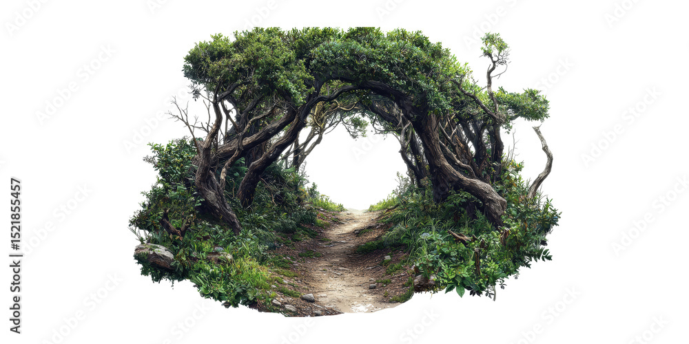Poster enchanted forest pathway with tree archway. nature's gateway to adventure isolated on transparent ba