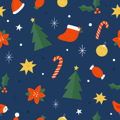 Seamless Christmas Pattern with Gifts, Trees, Candy Canes, Birds, and Holiday Icons