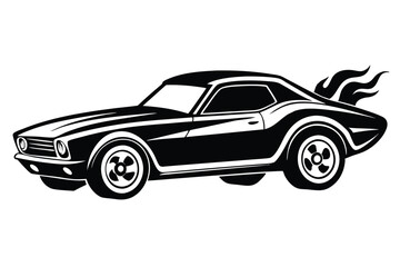 Black Muscle Car with Flames Silhouette, Vector Graphic Illustration for Racing Enthusiasts and Designers