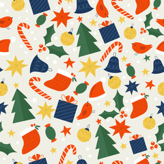 Seamless Christmas Pattern with Gifts, Trees, Candy Canes, Birds, and Holiday Icons