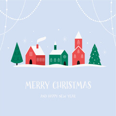 Christmas Greeting Card, Cityscape of Houses with Snow Roofs, Pine Trees