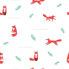 Cute Fox Seamless Pattern. Hand Drawn Forest Animal in Minimal Style on White Background