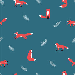 Cute Fox Seamless Pattern. Hand Drawn Forest Animal in Minimal Style on Blue Background.