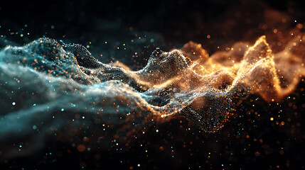 Sound Wave Vizualisation concept. Music audio frequencies represented as High Tech Futuristic Particle Waves. Abstract background. 3D render