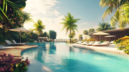 Luxury tropical resorts with curved buildings, pools and palm trees. Summer Vacation. AI generated image