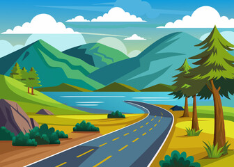 Scenic mountain road landscape with lake, transparent background