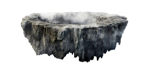 Fototapeta premium Floating Rocky Island With Misty Crater. Mysterious And Surreal Landscape Isolated On Transparent Background
