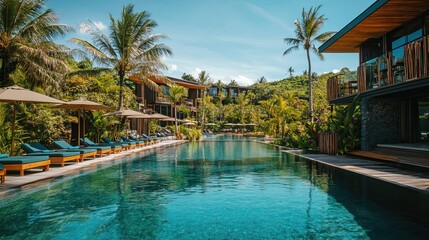 Fototapeta premium Luxury tropical resorts with curved buildings, pools and palm trees. Summer Vacation. AI generated image