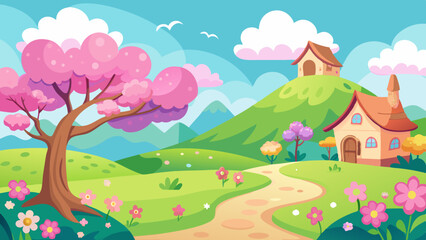 Naklejka premium Spring landscape with cute houses and blooming tree