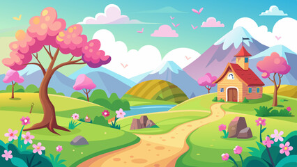 Fototapeta premium Spring landscape with house, mountains, and blossoms