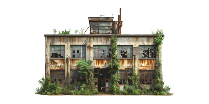 Abandoned Industrial Building Overgrown With Vegetation. Urban Decay And Nature Reclamation Isolated On Transparent Background