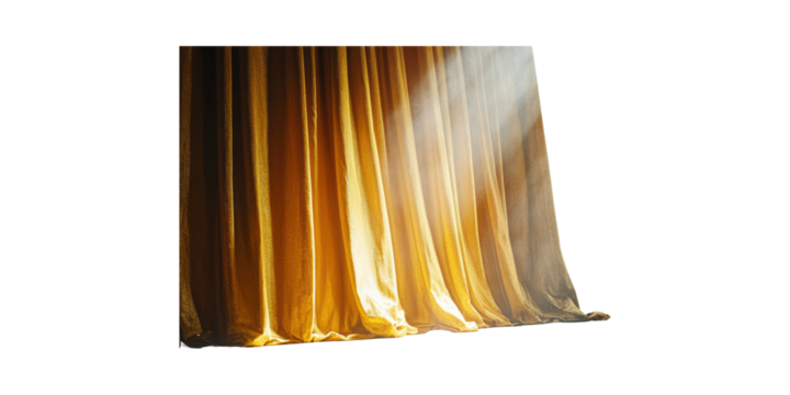 Golden Theater Curtain With Dramatic Lighting. Stage Performance And Artistic Ambiance Isolated On Transparent Background
