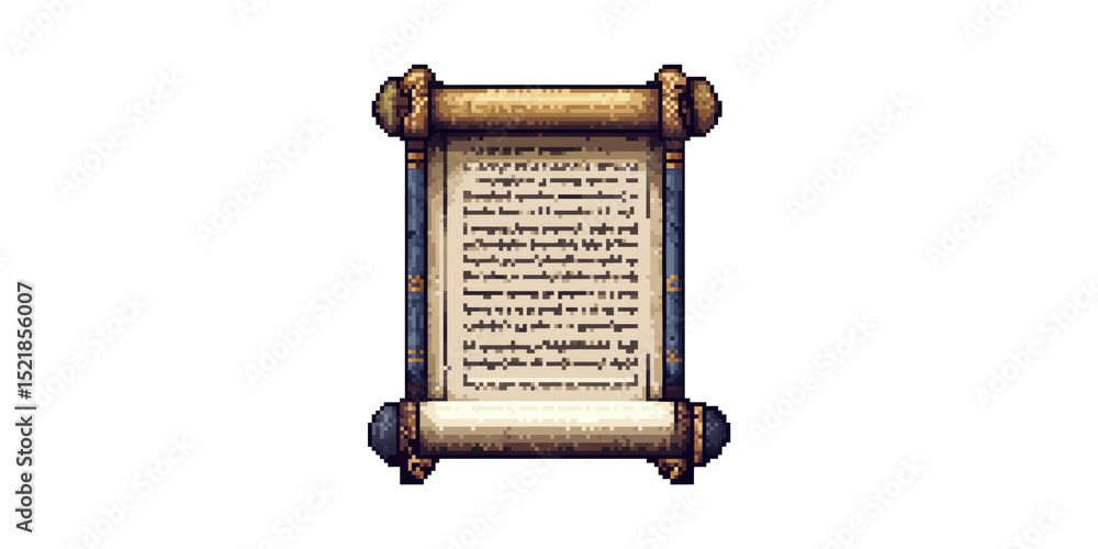 Poster pixel art scroll with ancient text. retro gaming and fantasy adventure theme isolated on transparent