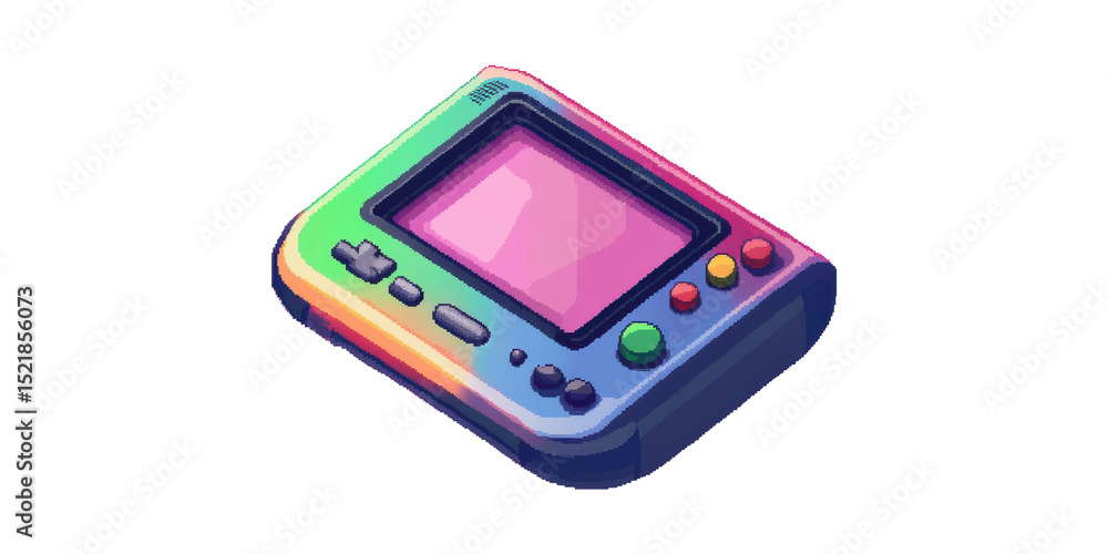 Poster colorful retro handheld gaming console. nostalgic pixel art design for vintage game enthusiasts isol