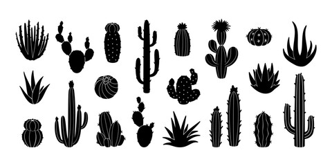 Cactus silhouette. Black desert plant. Southwestern dry landscapes, nature wilderness. Western cactuses symbol. Botany, garden, succulent plants. House flowerpot. Vector set © Foxy Fox