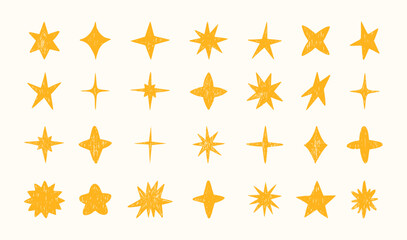 Sketch stars. Hand drawn chalk childlike star icon. Kid crayon doodle texture sparkles and shine elements. Pastel classic, twinkling, sparkling stars for sky. Vector set