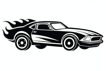 Black and White Graphic Illustration of a Muscle Car with Flames, Vintage Design
