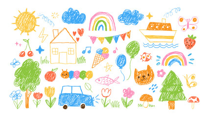 Kids doodle. Children simple colorful drawing. Hand drawn kid chalk scribble elements, pencil character, crayon sun, rainbow, trees, house, cloud, animals. Sketch vector set