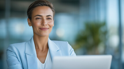 Confident Businesswoman Working on Laptop in Modern Office