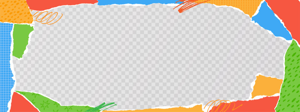 Torn paper collage banner. Colorful paper pieces background. Ripped paper edges with layered textures. Kraft scrap, handcrafted pattern. Vintage collage art frame. Vector concept