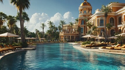 Elegant oceanfront resorts with yachts, infinity pools and tropical views. Summer Vacation. AI generated image