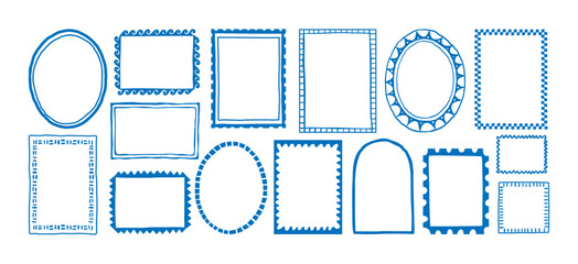 Doodle frame. Hand drawn border. Minimal freehand stroke wavy square, rectangle, circle, arch, oval shapes frames. Marine curved, striped borders. Vector set