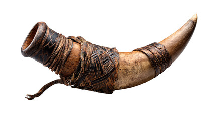 Intricately carved drinking horn with leather details, displayed on a black backdrop.