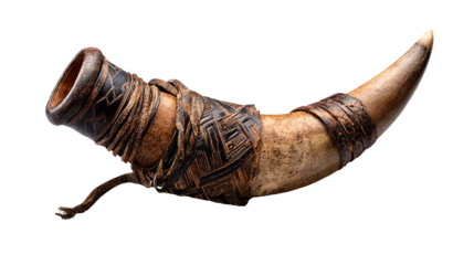 Intricately carved drinking horn with leather details, displayed on a black backdrop.