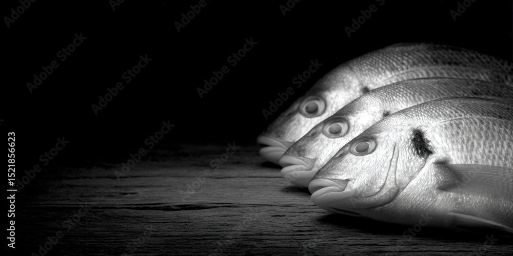 Poster three fish lined up on a rustic wooden surface contrasting against a dark background emphasizing tex