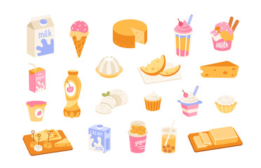 Milk products. Dairy. Organic Fresh milk drinks, yogurt, butter, cream, milkshake, milk dessert, milky drink, cheese. Farm natural food in packing. Milk ingredient meal. Vector set
