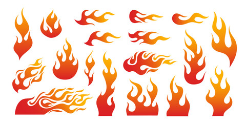 Racing flames. Hot speed fire stickers. Flame car decal, race cars, motorcycles, hot rods, and sports gear. Vintage tattoo fiery design. Burning rubber racetrack logo. Vector collection © Foxy Fox