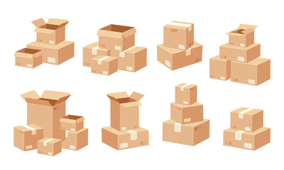 Cardboard box stack. Stacked carton boxes. Packing, moving shipping, transportation parcels. Warehouse parcel pile for cargo. Postal delivery service. Vector set