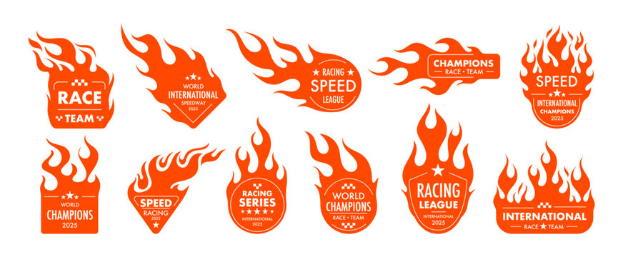Flame stickers. Racing car flames emblem. Decal for race cars, motorcycles, vehicles. Classic hot rod flame motifs. Fire sport champions patch, team labels. Flammable shape vector set
