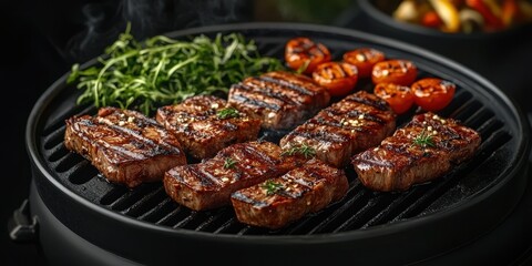 Grilling succulent steaks with roasted tomatoes and fresh herbs during a backyard barbecue gathering