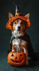 Adorable Corgi in Witch Hat and Pumpkin: Festive Halloween Pet Photography
