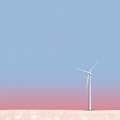 Fototapeta premium A serene minimalist illustration of a wind turbine at sunrise, featuring clean silhouettes and a warm color gradient with ample negative space. This peaceful artwork combines renewable energy imagery