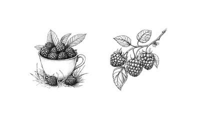 Ink vintage illustration of tea cup of berries with a branch of raspberry isolated on transparent background