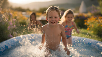 Obraz premium Children Playing Joyfully in a Vibrant Garden with Water Fun