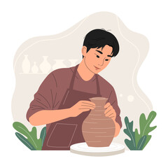 Young asian man shaping clay on a spinning pottery wheel. Creative hobby and traditional craft concept. Trendy flat hand drawn vector illustration of character, pottery workshop. Handmade ceramic vase