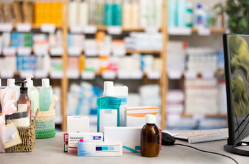 Close up of box with pills, tablets, ointments and health care products. Pharmacy, medical, retail shop and supply of health supplements, vitamins and minerals for vitality and wellness dispensary