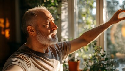 Thoughtful senior man looking out a window.