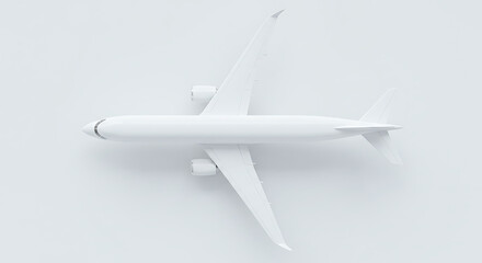 Top view of a white jet airplane over a plain background or isolated on white — 3D render style or studio-lit photo, no markings, clean composition