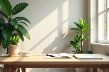 Serene office space bathed in sunlight, minimalist desk with a small succulent, and a calming atmosphere perfect for mindful business practices , strategy, mindfulness, inspiration