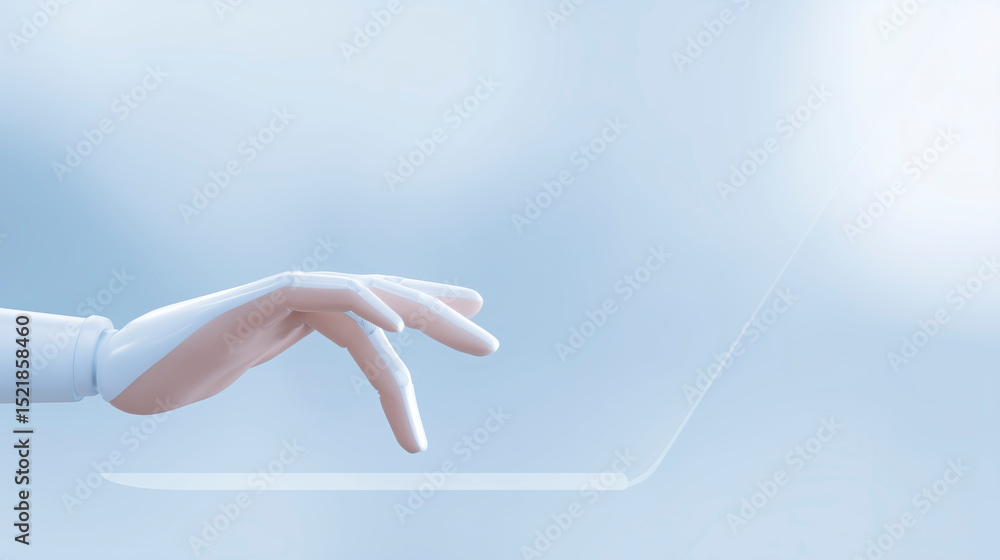 Poster futuristic robotic hand reaching towards a transparent touchscreen interface, showcasing advanced te