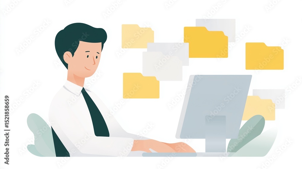 Poster professional man working at a computer desk, organizing digital files with folders in the background