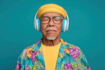 Fototapeta premium Joyful elderly man wearing flower-patterned shirt and yellow hat listens to music with headphones on bright turquoise backdrop expressing vibrant creativity and happiness